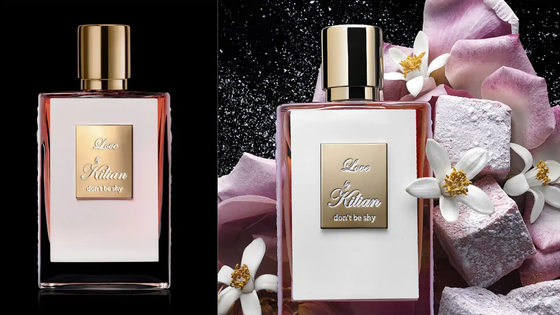 Two stylish perfume bottles featuring floral designs and gold accents, surrounded by delicate blossoms.