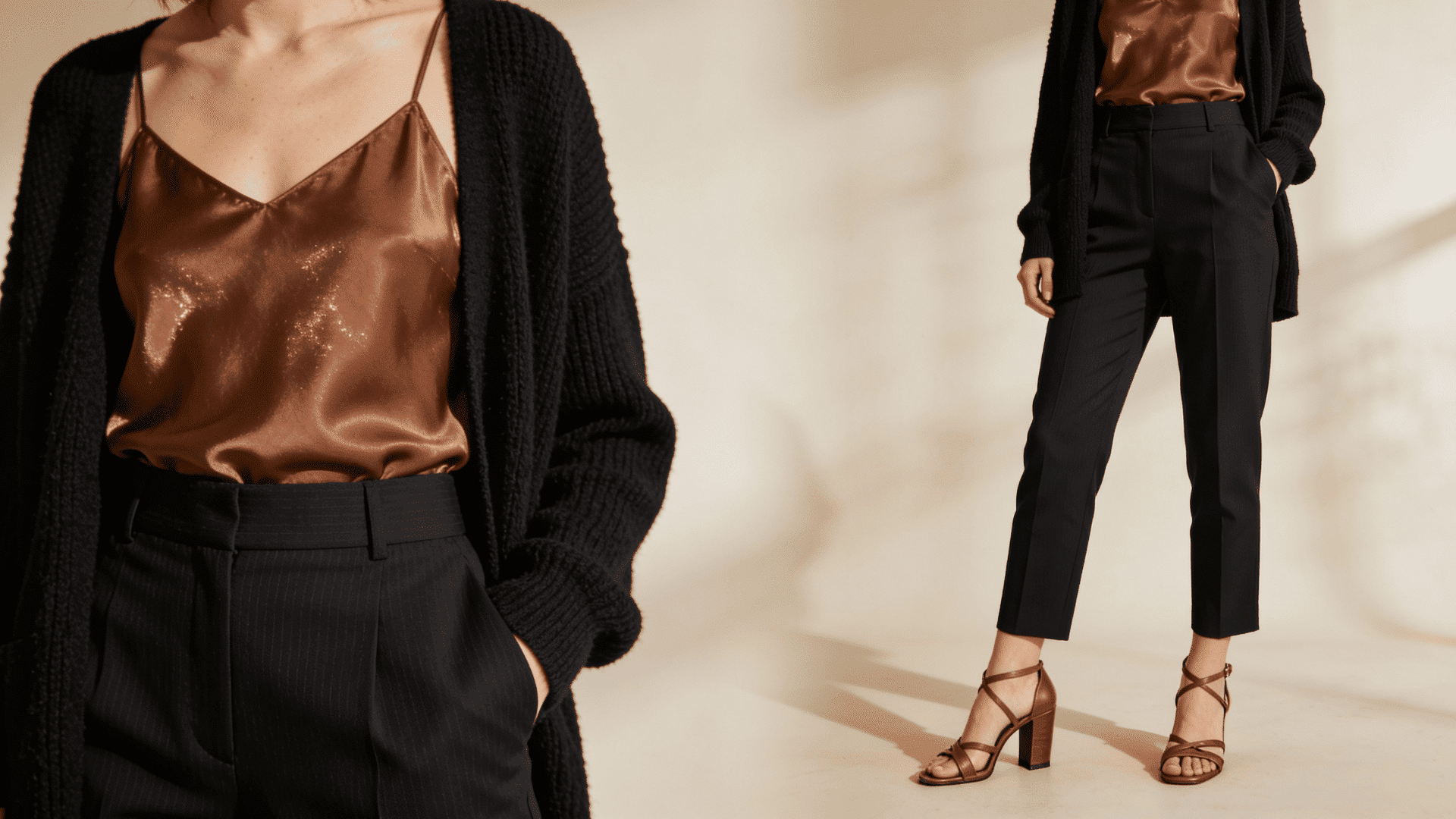 Woman modeling a black chunky knit cardigan over a copper satin camisole, black tailored trousers, and brown strappy block-heeled sandals.