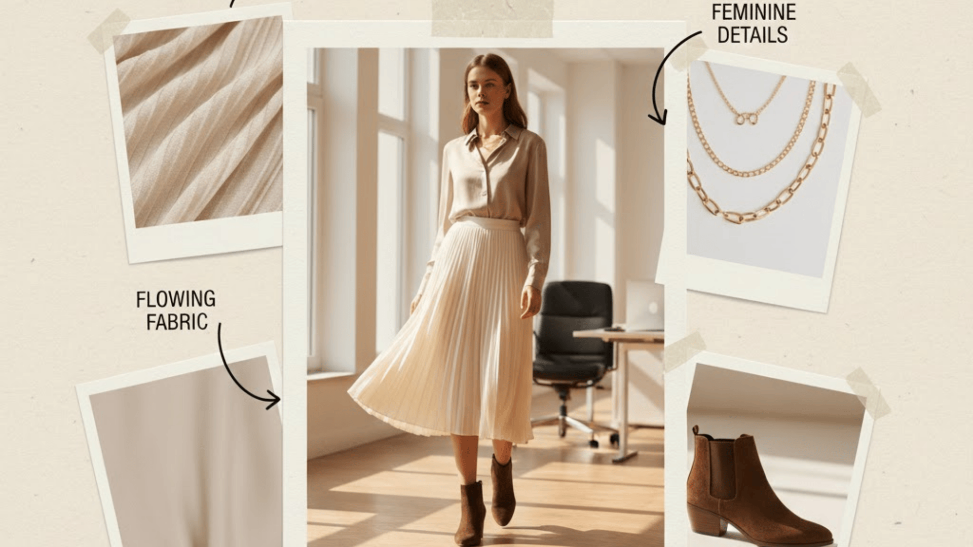 Pleated skirt casual Friday outfit with blouse and ankle boots styled for a polished woman’s office look.