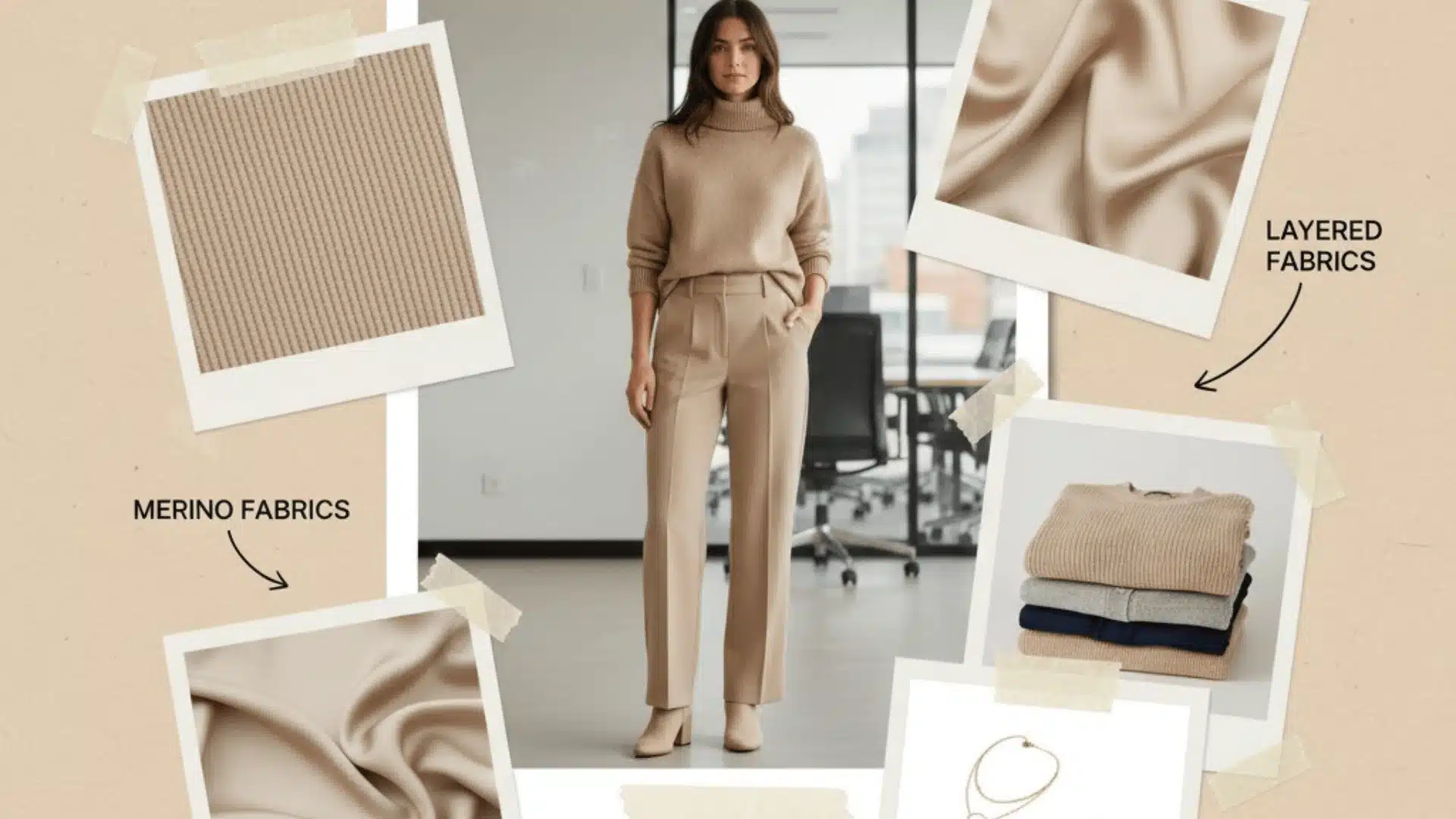 Tonal casual Friday outfit with neutral sweater and trousers styled for a polished women’s office look.