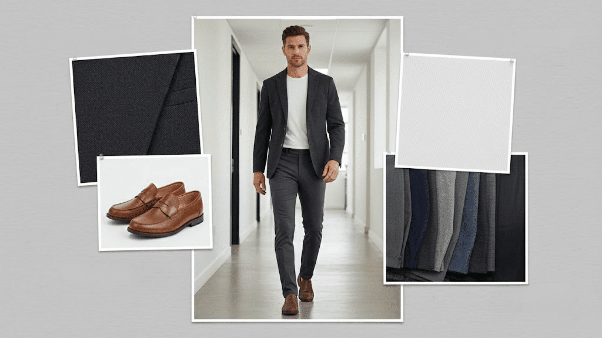 Blazer and white tee casual Friday outfit with tailored trousers and brown loafers for a smart office look.