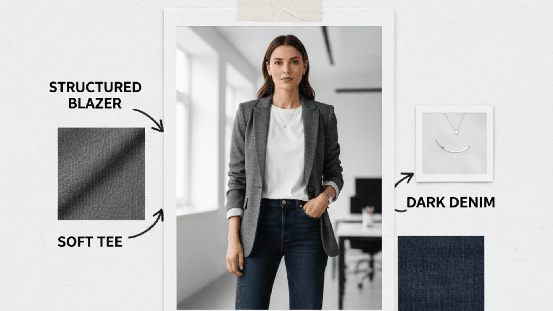 Blazer over basics casual Friday outfit with white tee and dark denim for a smart women’s office look.