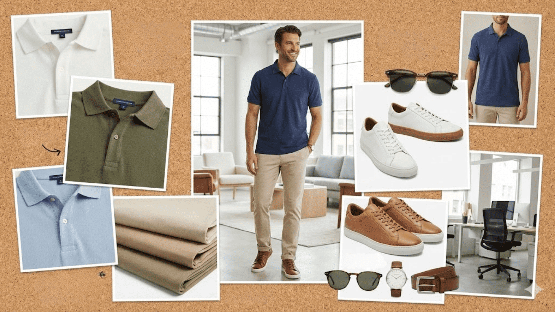 Casual Polo shirt outfit for casual Friday with chinos, sneakers, and accessories for a relaxed office look.
