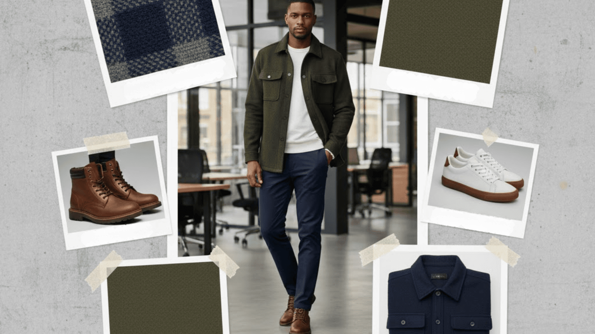 Modern shacket casual Friday outfit with chinos, boots, and sneakers styled for a relaxed office look.