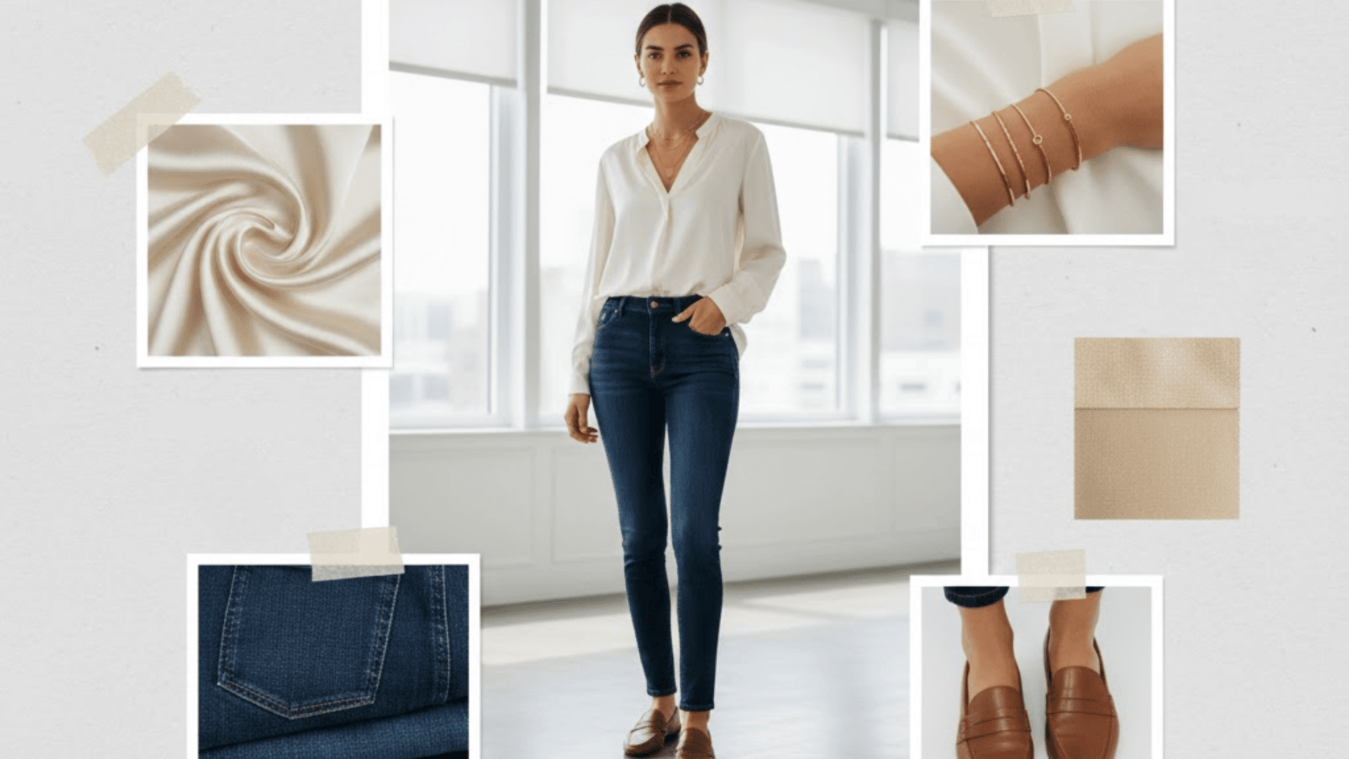 Silk blouse and dark jeans casual Friday outfit with loafers for a polished women’s office look.