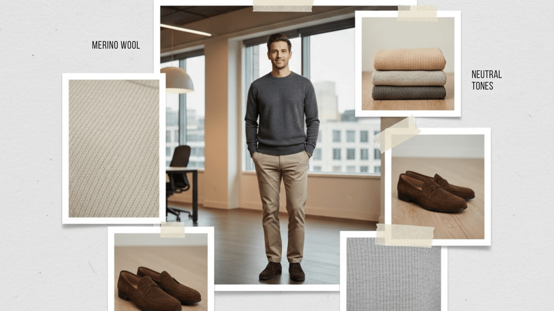 Minimal knitwear casual Friday outfit with merino sweater, chinos, and brown loafers for a clean office look.
