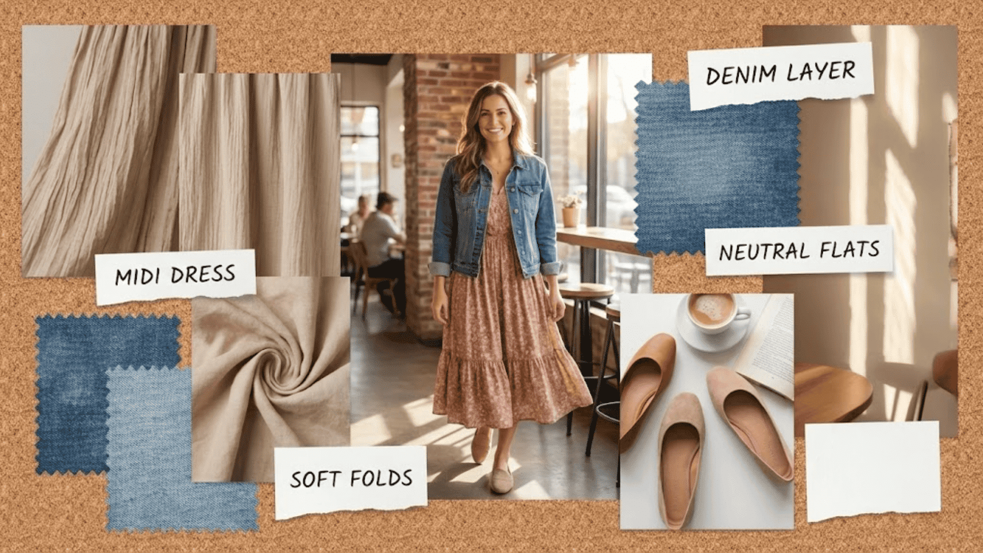 Midi dress with denim jacket casual Friday outfit paired with flats for a relaxed women’s office look.