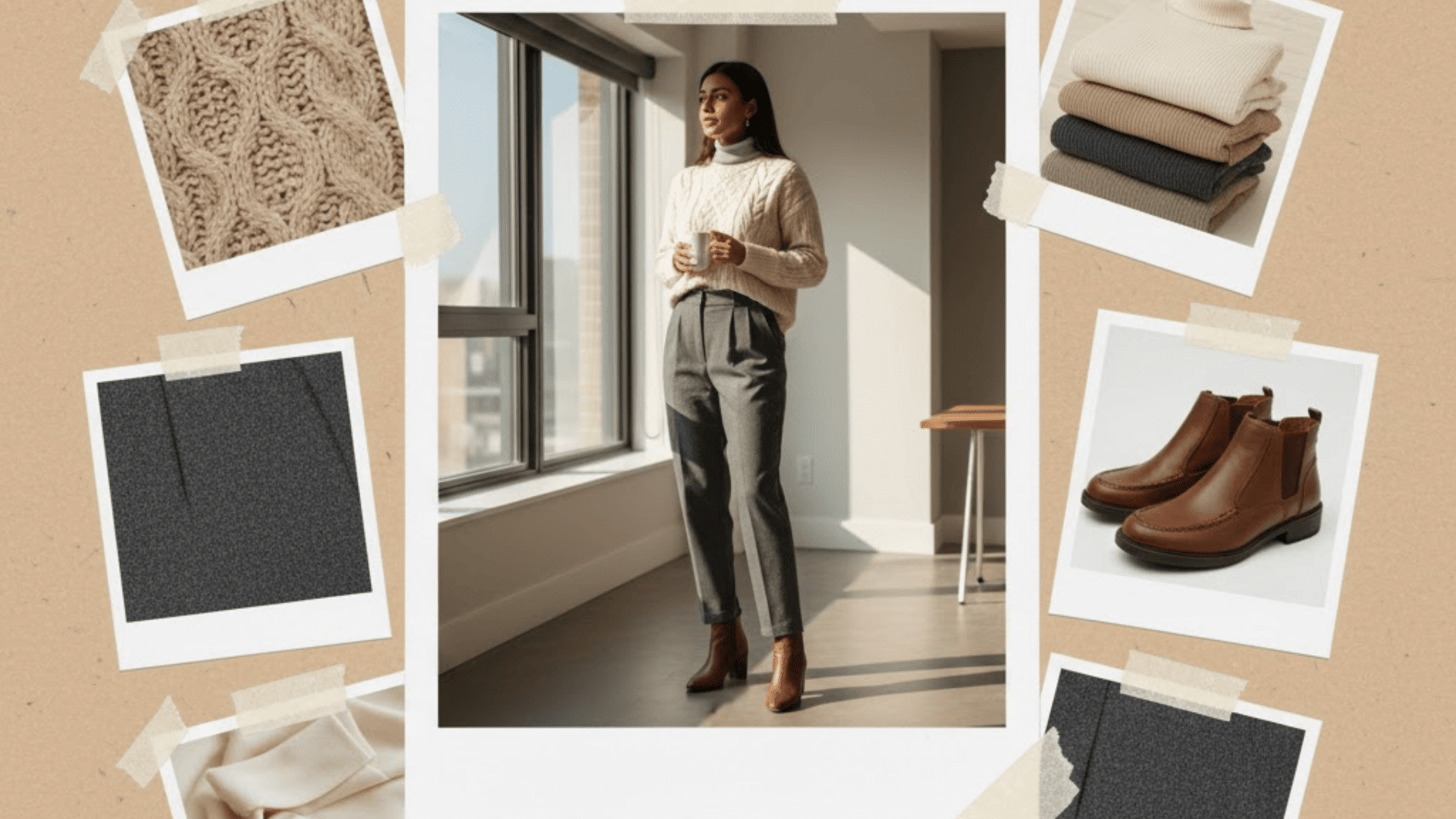 Layered casual Friday outfit with sweater, turtleneck, trousers, and ankle boots for a warm office look.