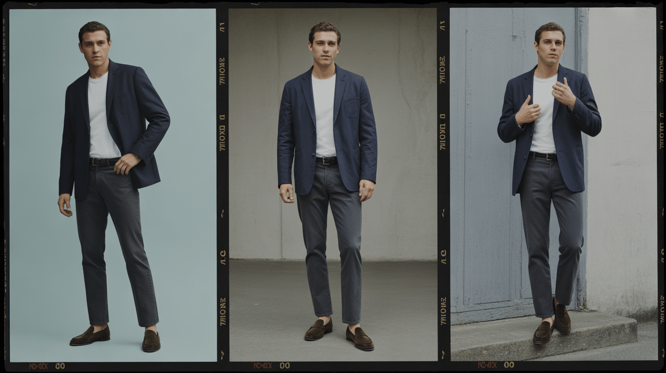 man wearing navy blazer, white tee, dark jeans, and loafers showing a smart casual Friday office outfit idea