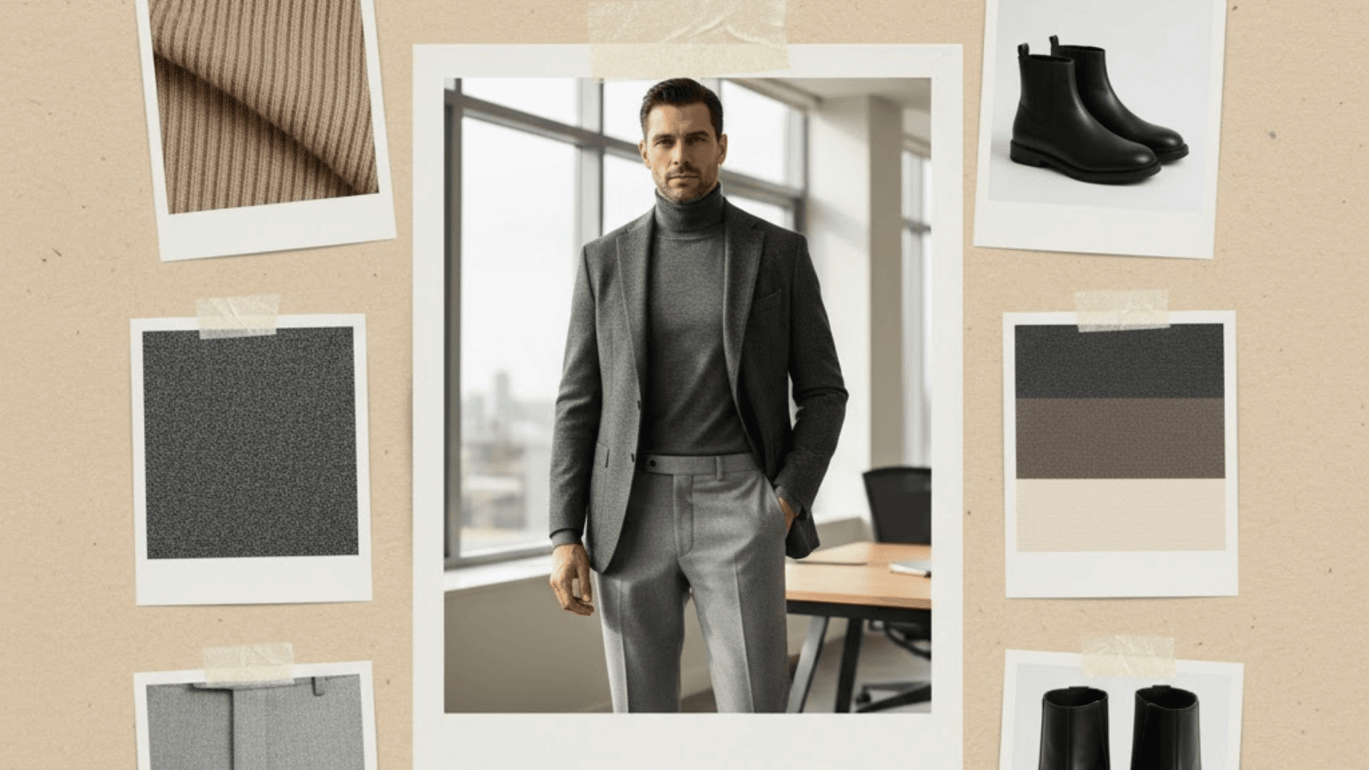 Smart casual Friday outfit with grey blazer, turtleneck, and trousers styled for a polished office look.