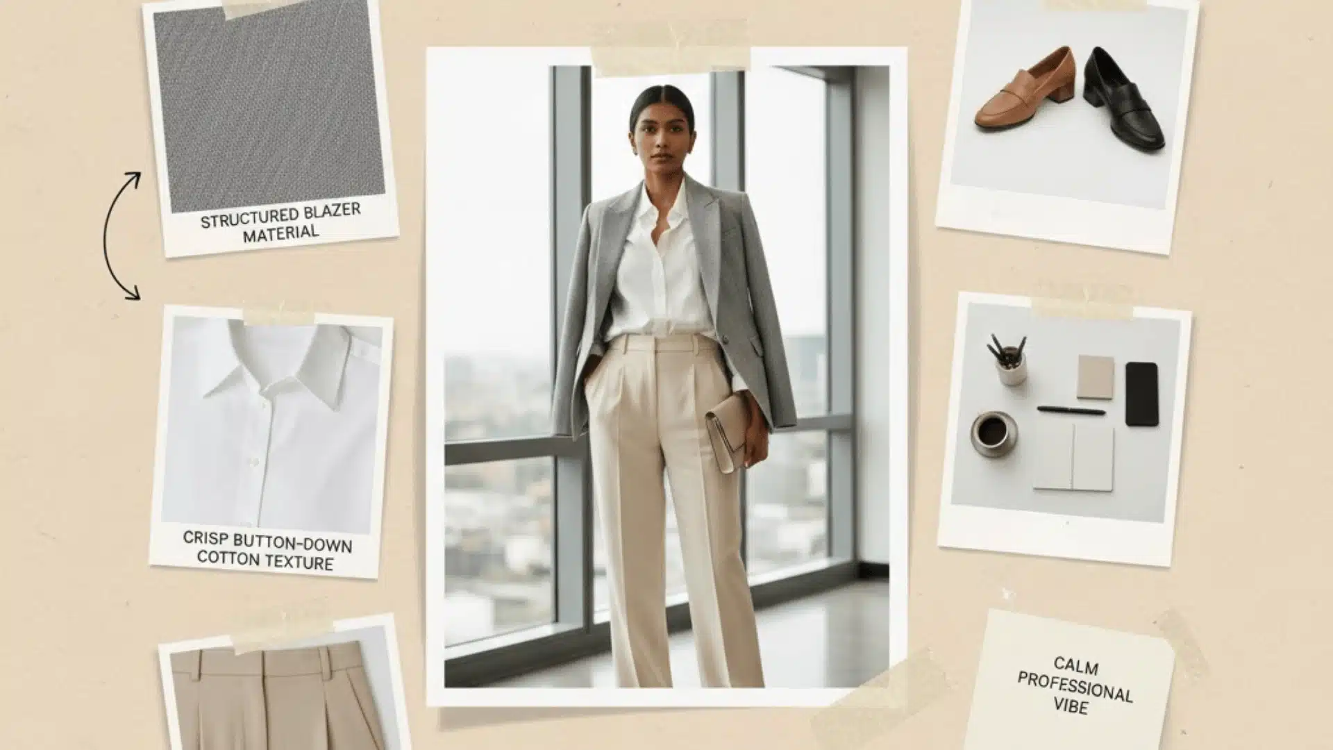 Business casual Friday outfit with blazer, white shirt, and trousers styled for a polished office look