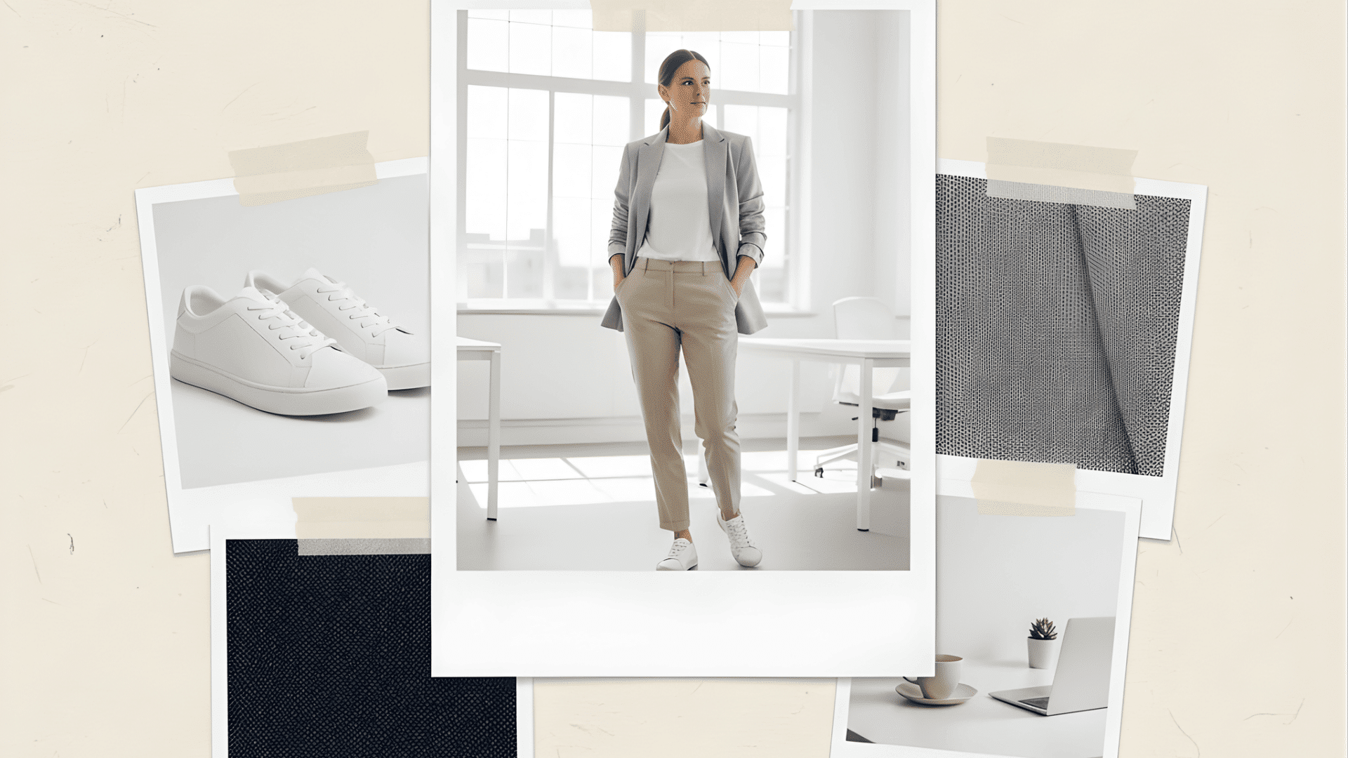 White sneaker casual Friday outfit with blazer, tee, and chinos styled for a relaxed office look