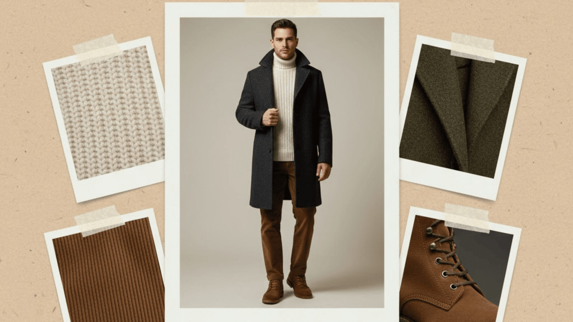 Winter casual Friday outfit with long coat, knit sweater, brown pants, and boots for a warm office style.