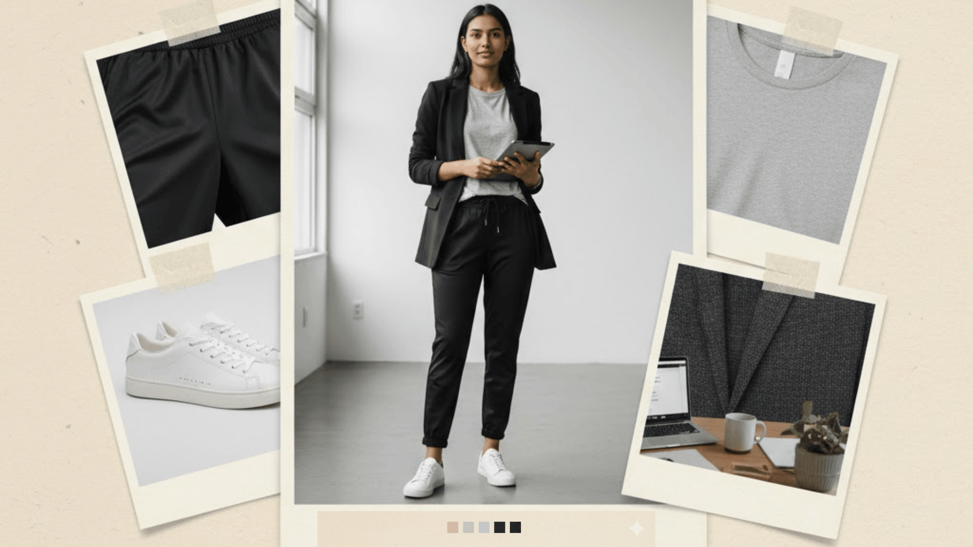Athleisure casual Friday outfit with blazer, tee, jogger pants, and sneakers for a modern office look.