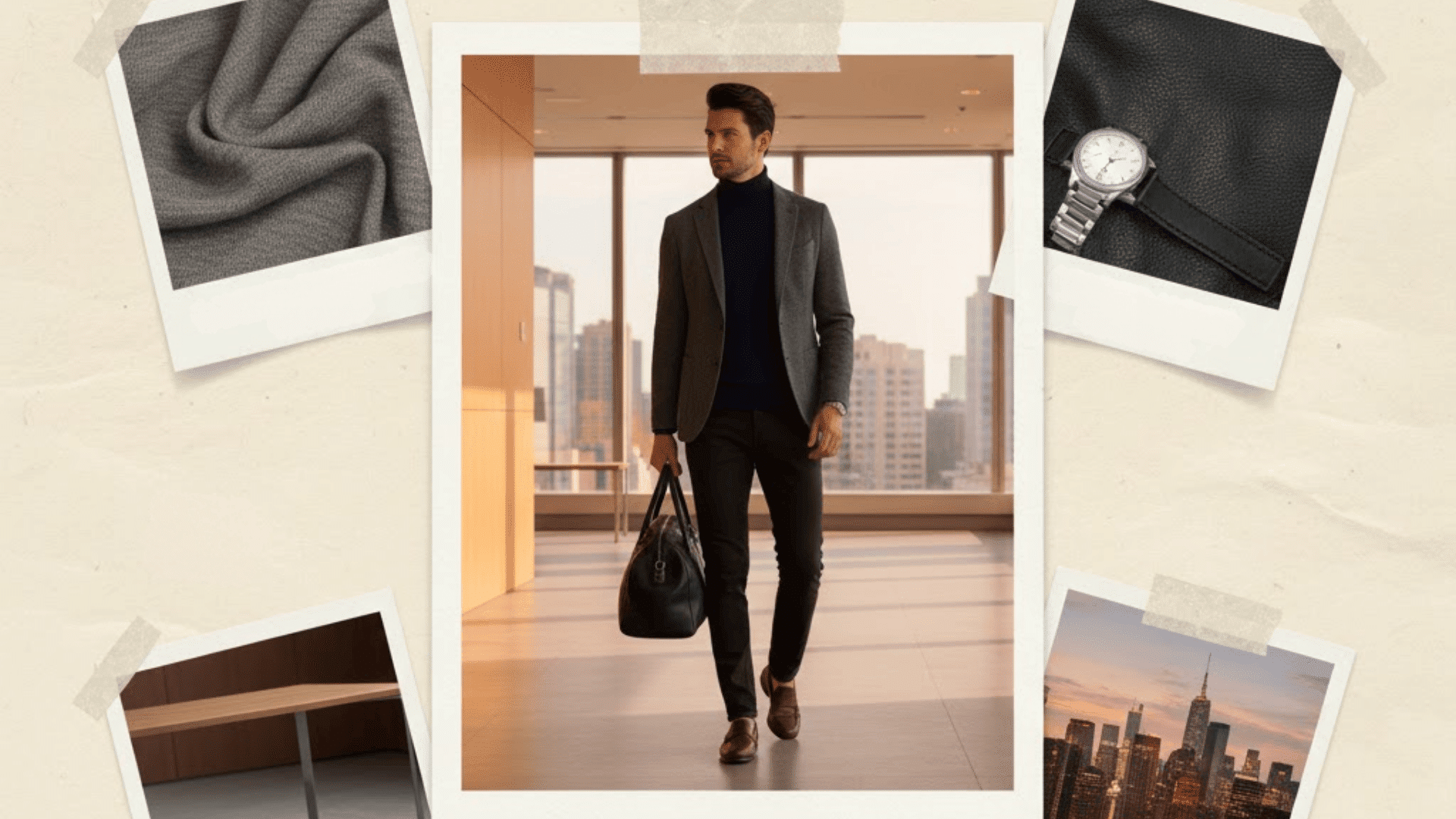 Desk to dinner casual Friday outfit with blazer, turtleneck, and trousers styled for a smart office look.