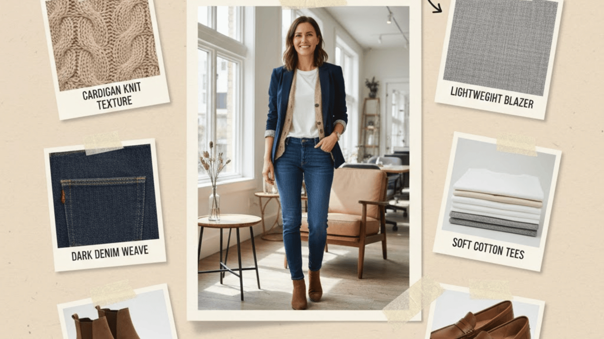 Layered casual Friday outfit with blazer, cardigan, tee, and dark jeans styled for a relaxed office look.
