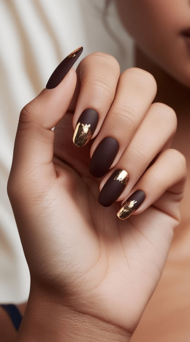 Matte almond-shaped nails in deep chocolate brown with striking gold foil accents
