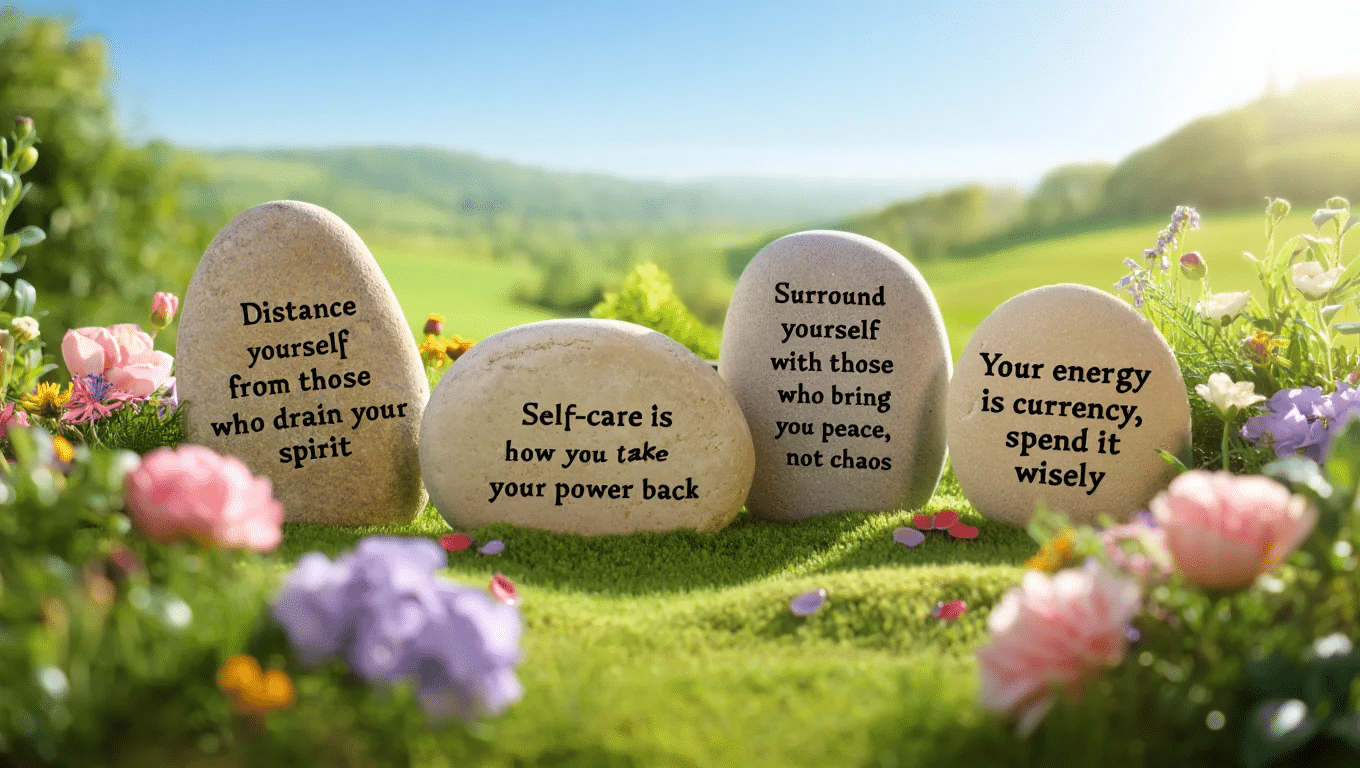 Four stones with motivational quotes sit in a lush garden with colorful flowers. The peaceful, sunny landscape promotes positivity and self-care.