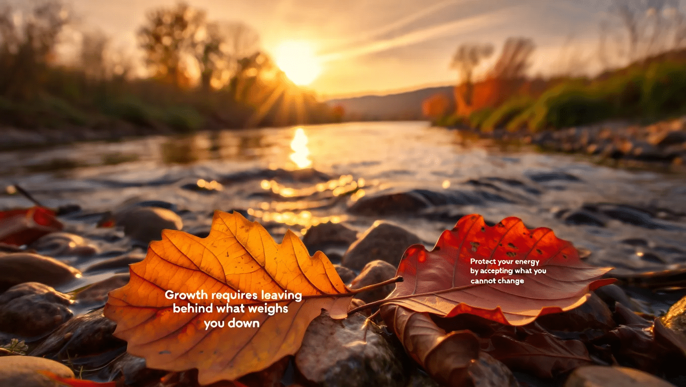 Autumn leaves rest on river rocks as the sun sets, casting a golden glow.
