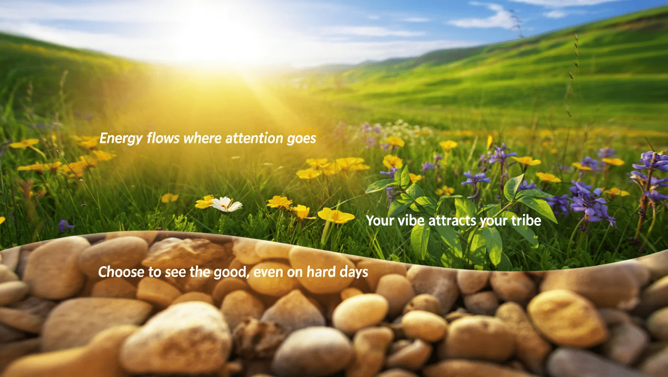 Sunlit meadow with yellow and purple flowers, grassy hills in the background with motivational quotes.