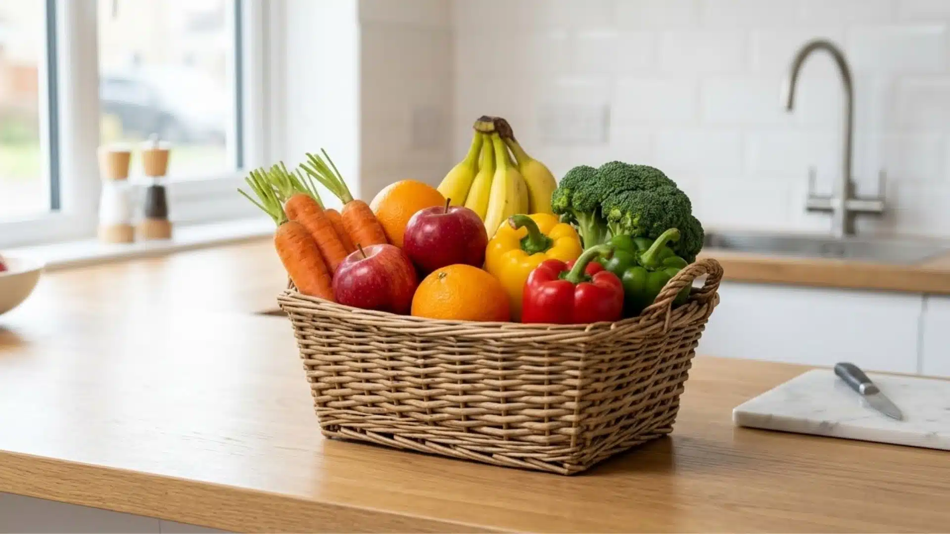 A basket filled with fresh fruits and vegetables sits on a kitchen counter