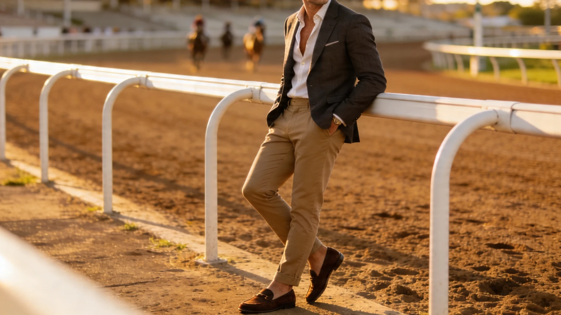 A man in a casual derby look with loafers, standing at a horse race track