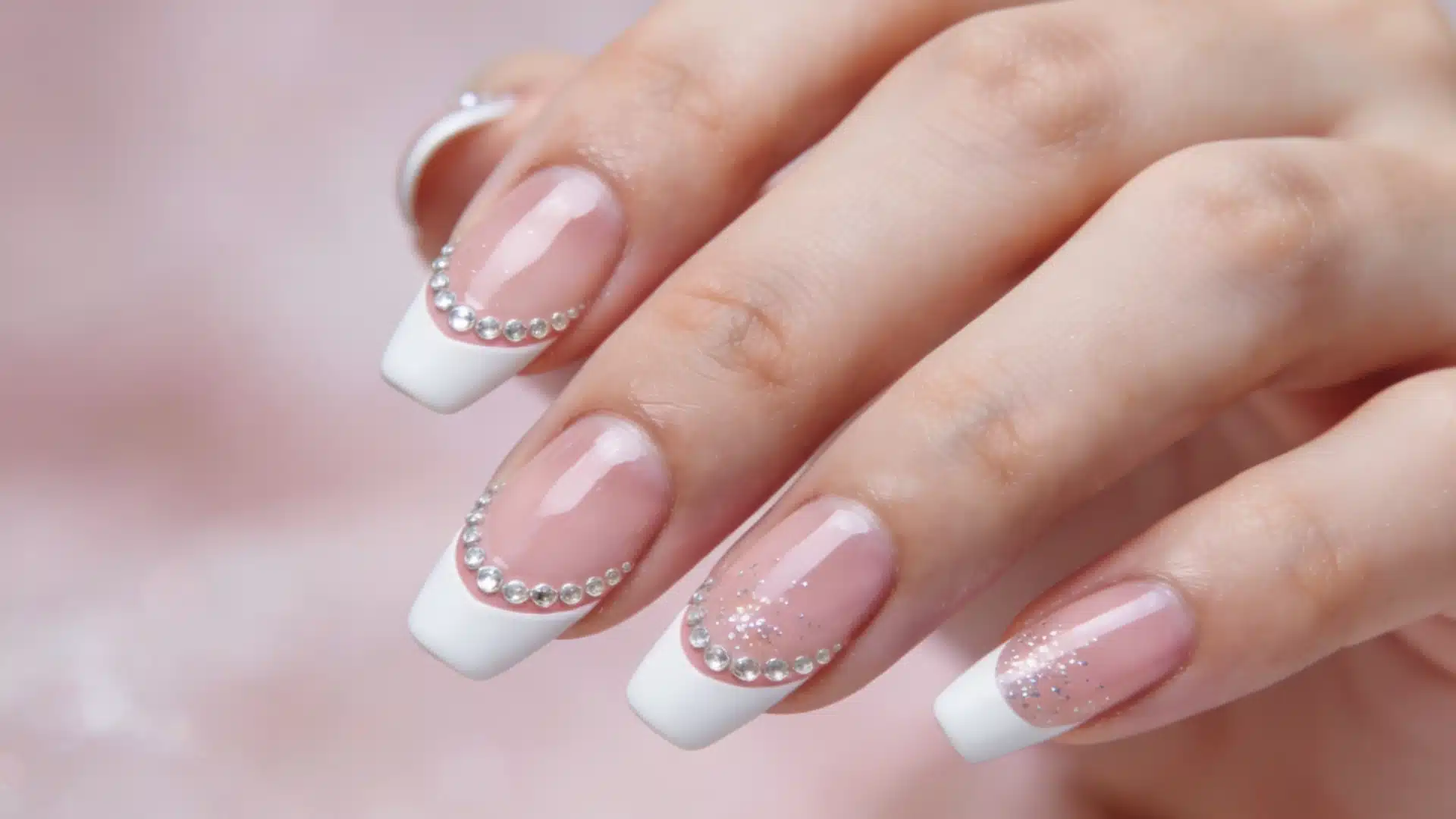 A close-up of a woman's hand displaying manicured white and pink nails