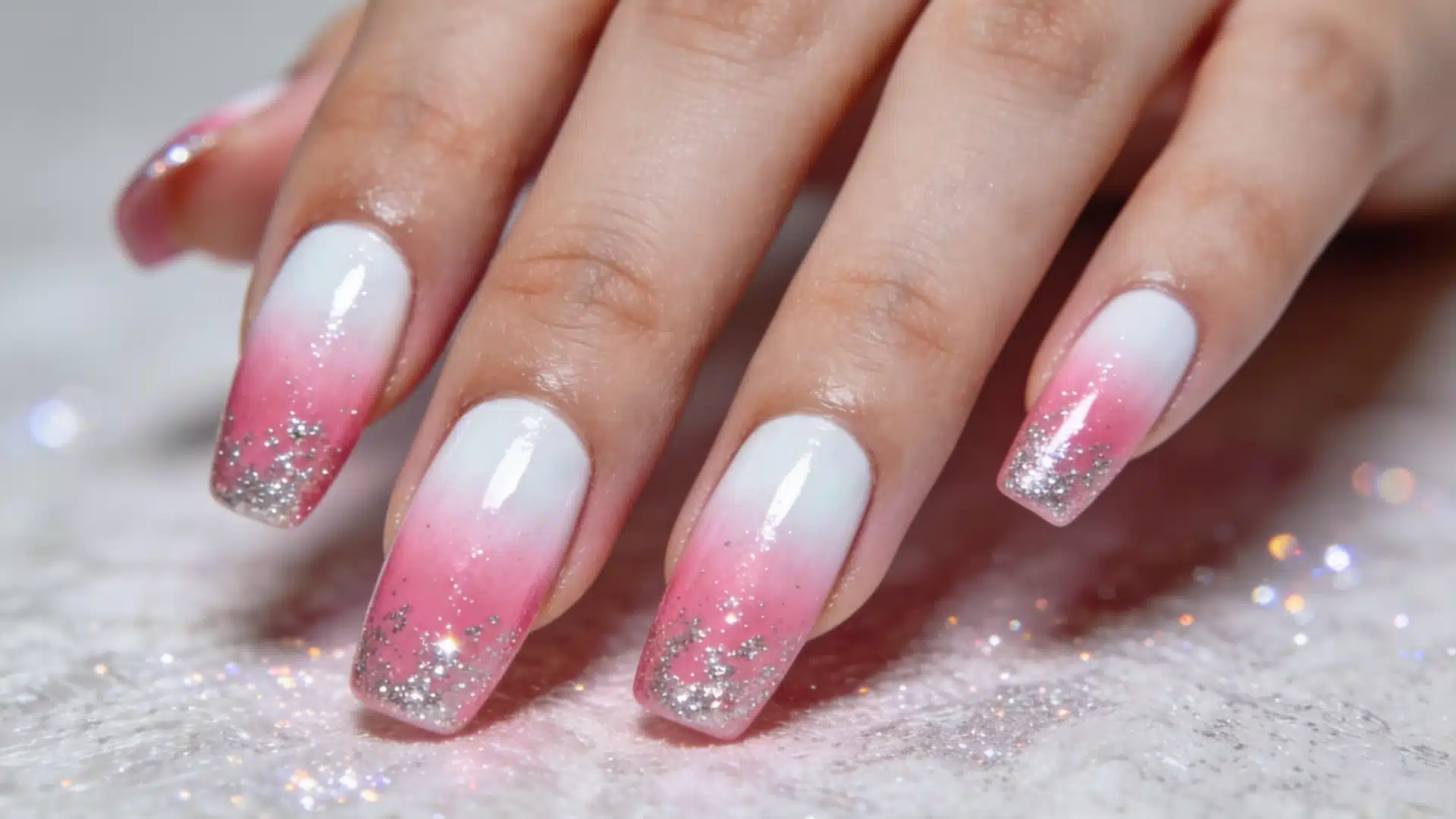 A close-up of a woman's hand displaying pink and white nail polish on her manicured nails