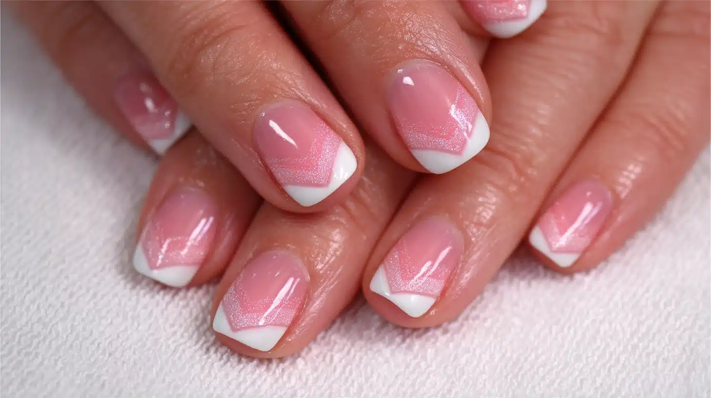 A close-up of a woman's hand with pink white nails with v shaped french tip creating a sleek and modern nail design look