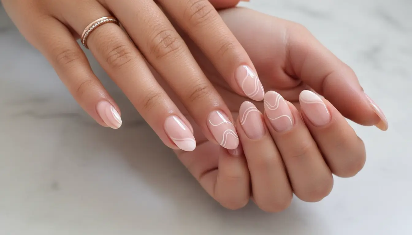 A close-up of a woman's hands with pink manicured nails resting on a pink heart with wave patterns, creating a stylish and soft look
