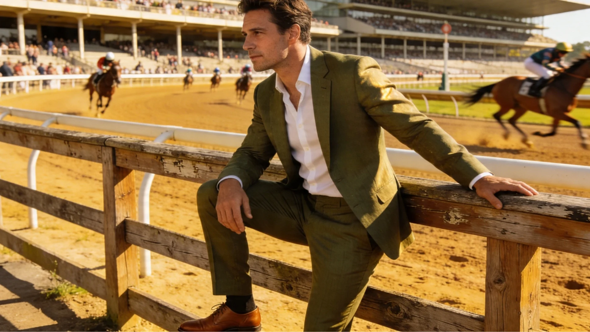 A man in a green suit faturng a spring look, standing at a horse race track