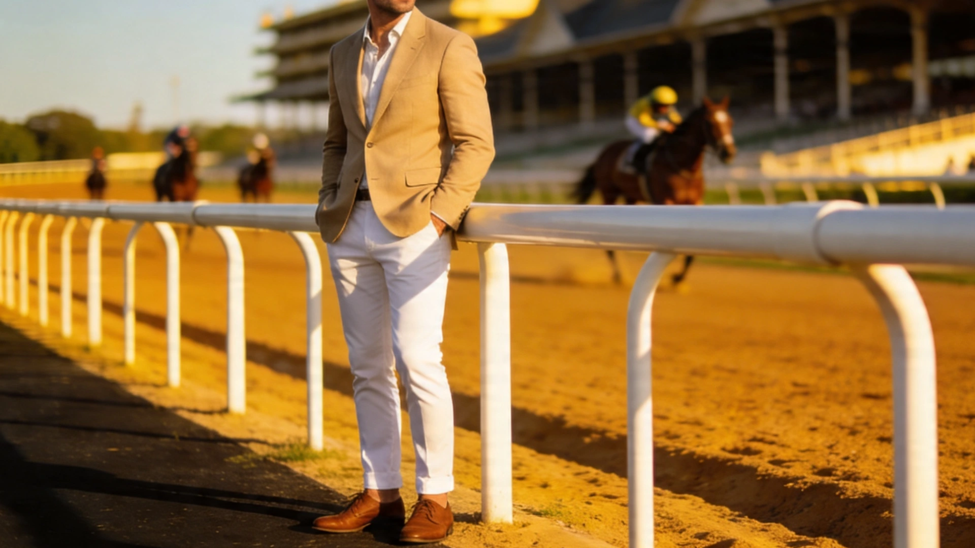 A man in a beige blazer and white pants combo, standing at a horse race track