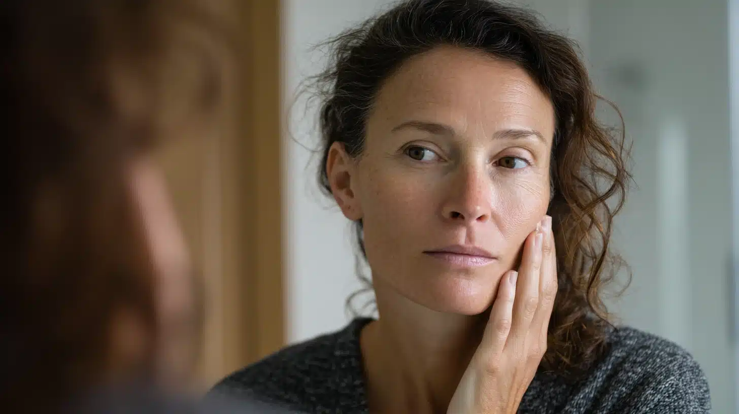 A woman gazes at her reflection in the mirror, gently touching her face with a thoughtful expression