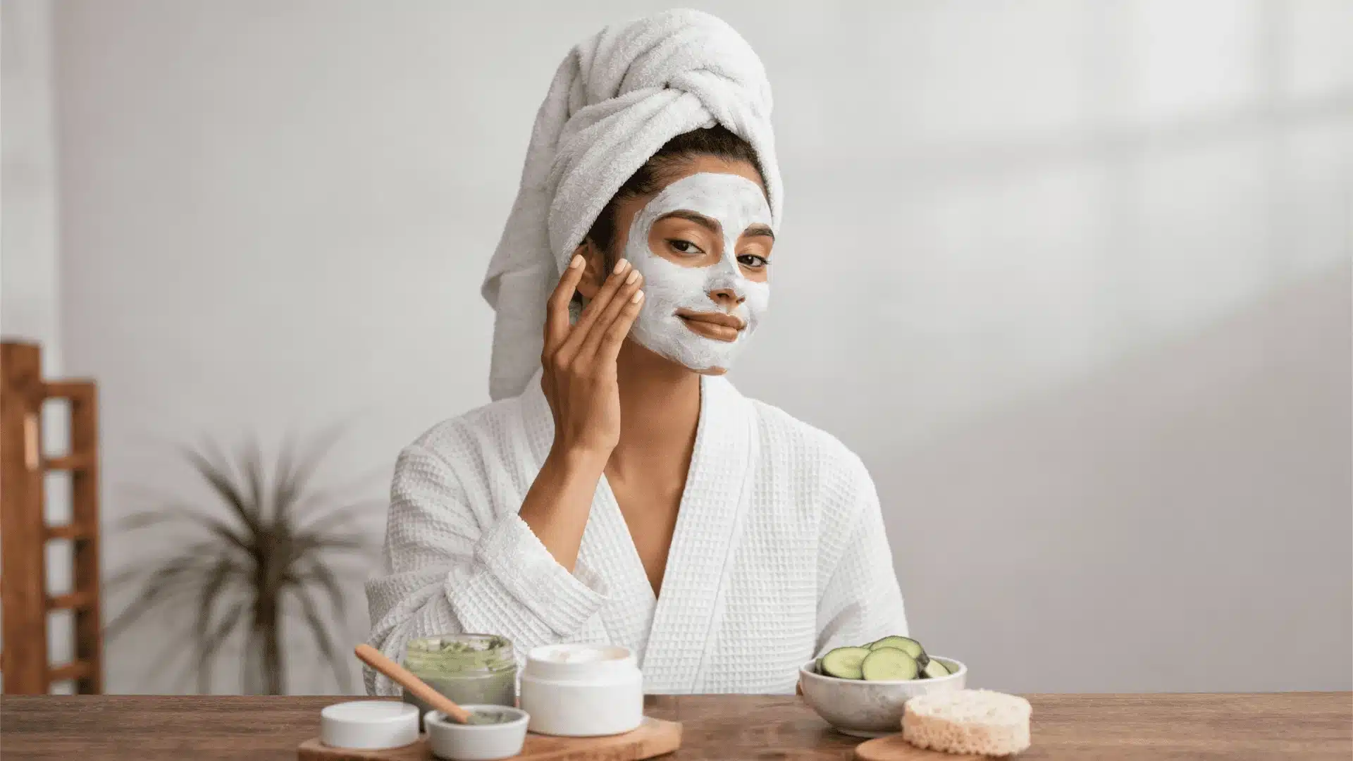 A woman in a bathrobe applies a facial mask, focusing on firming her skin while enjoying a self-care moment