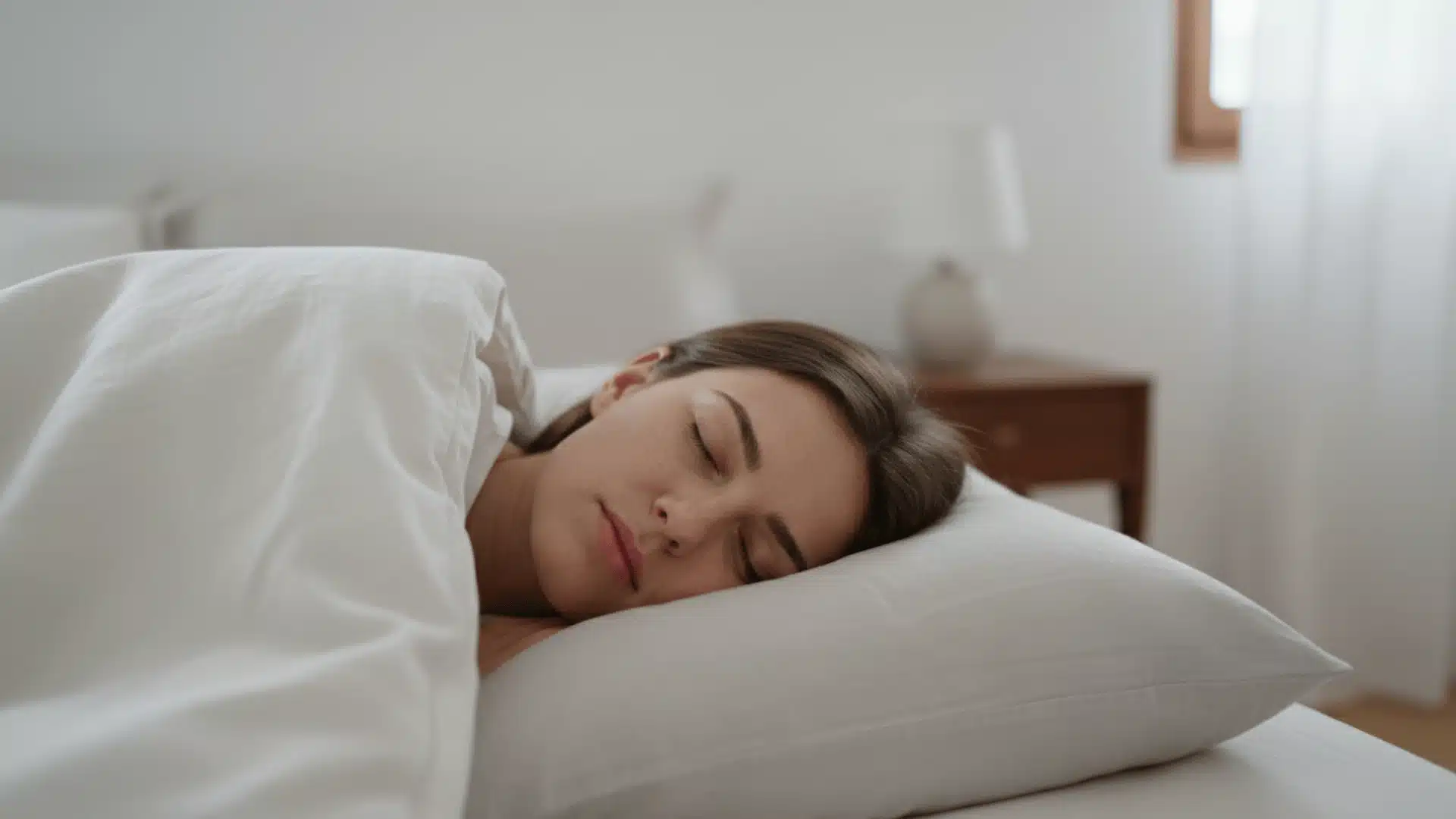 A woman peacefully sleeping in bed, promoting sleep management as a way to tighten the face skin naturally at home