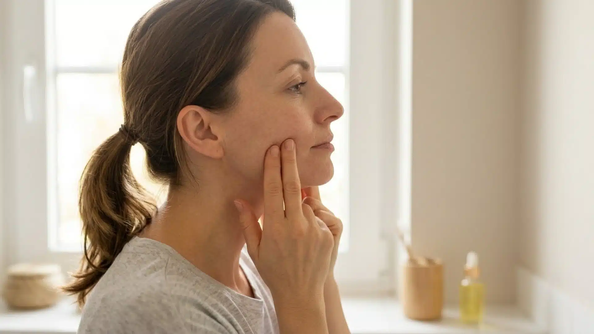 A woman performing facial exercises while looking at her reflection in the mirror