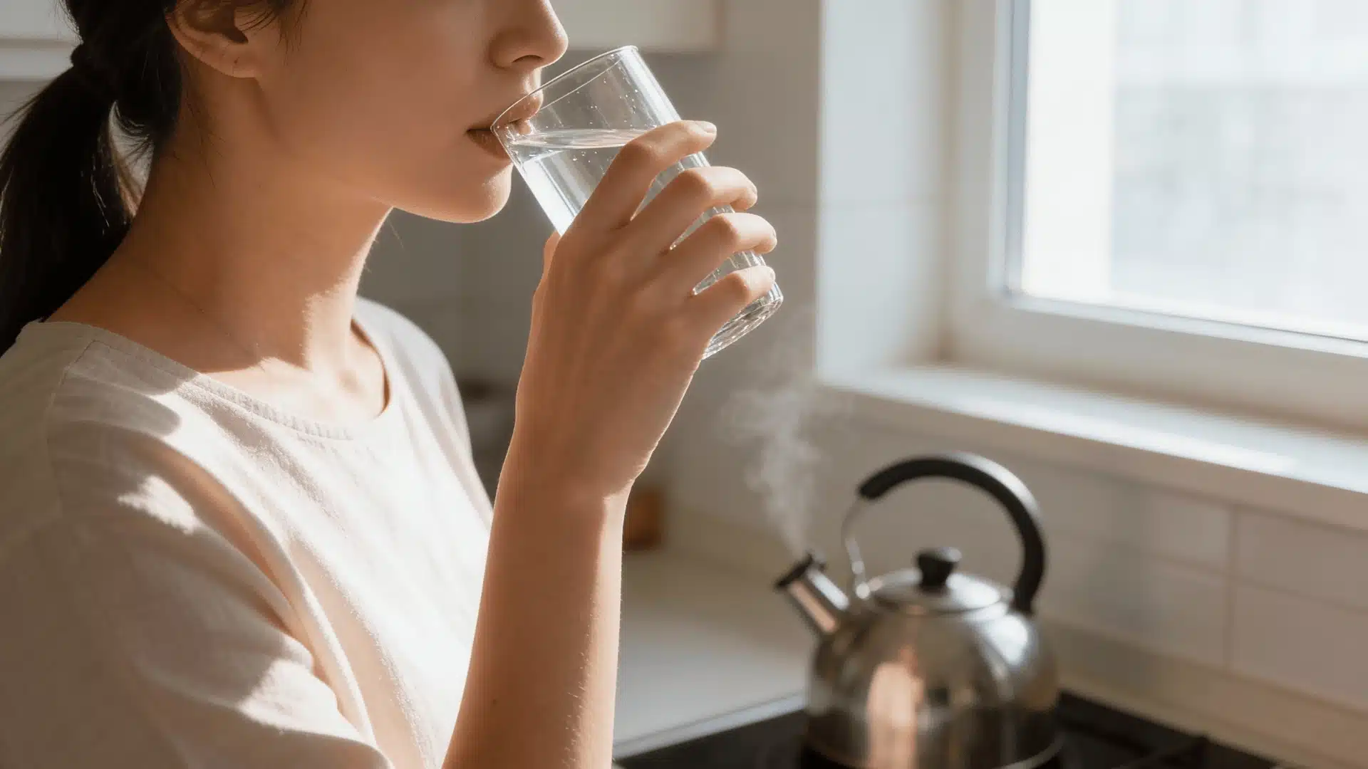 A woman sips water from a glass, highlighting the importance of hydration for maintaining firm facial skin