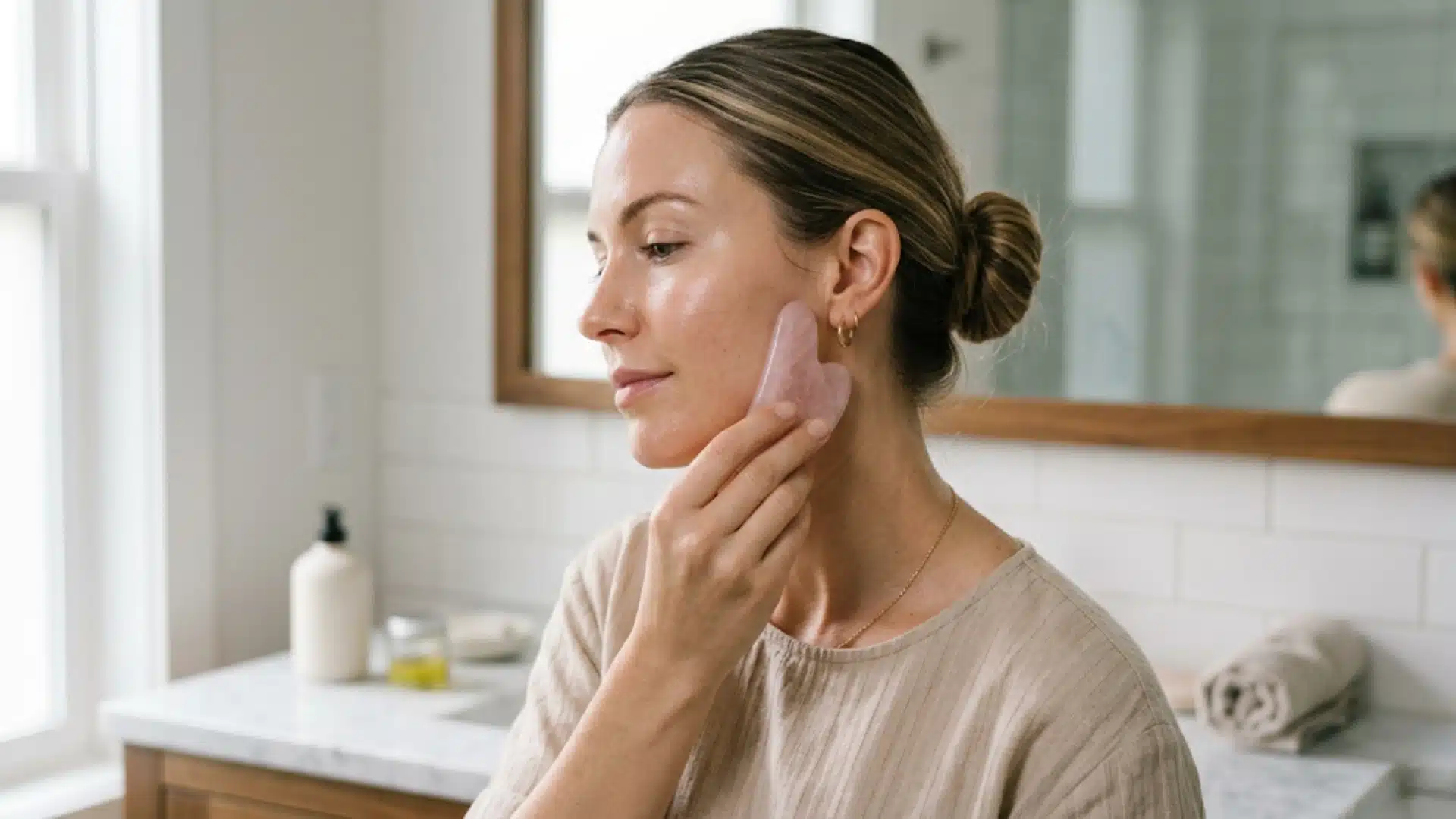 A woman uses a gua sha tool to massage her face, enhancing her skincare routine