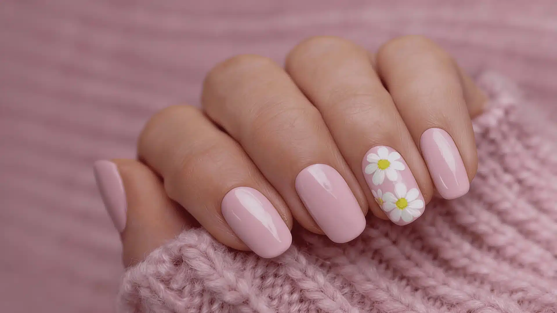 A woman's hand with pink nails adorned with a white daisy flower showcasing a floral design for a stylish look and modern design