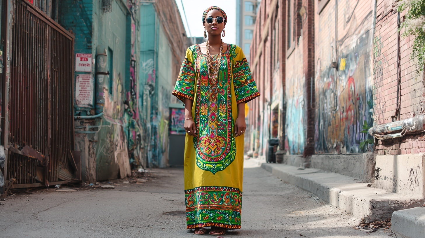 Woman in long yellow dress with green red and blue embroidered patterns and sunglasses in urban street