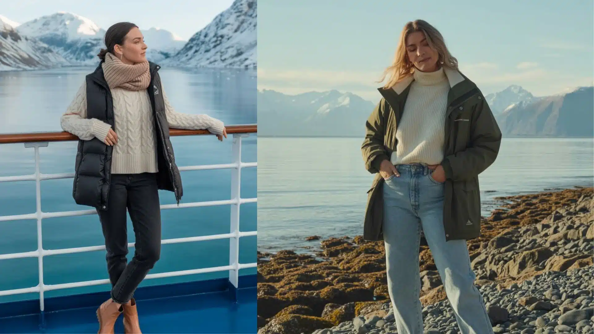 Split image showing two women modeling cold-weather casual outfits against scenic mountainous coastal backdrops