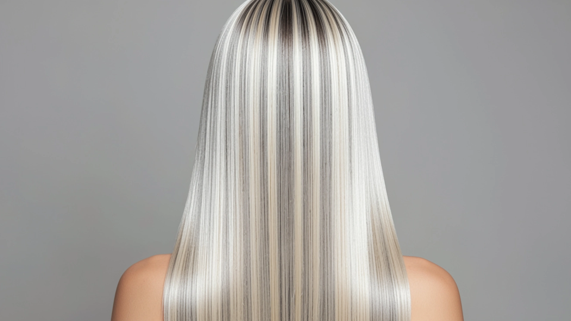 Back view of a person with long, straight, blonde and dark striped all over foil highlights