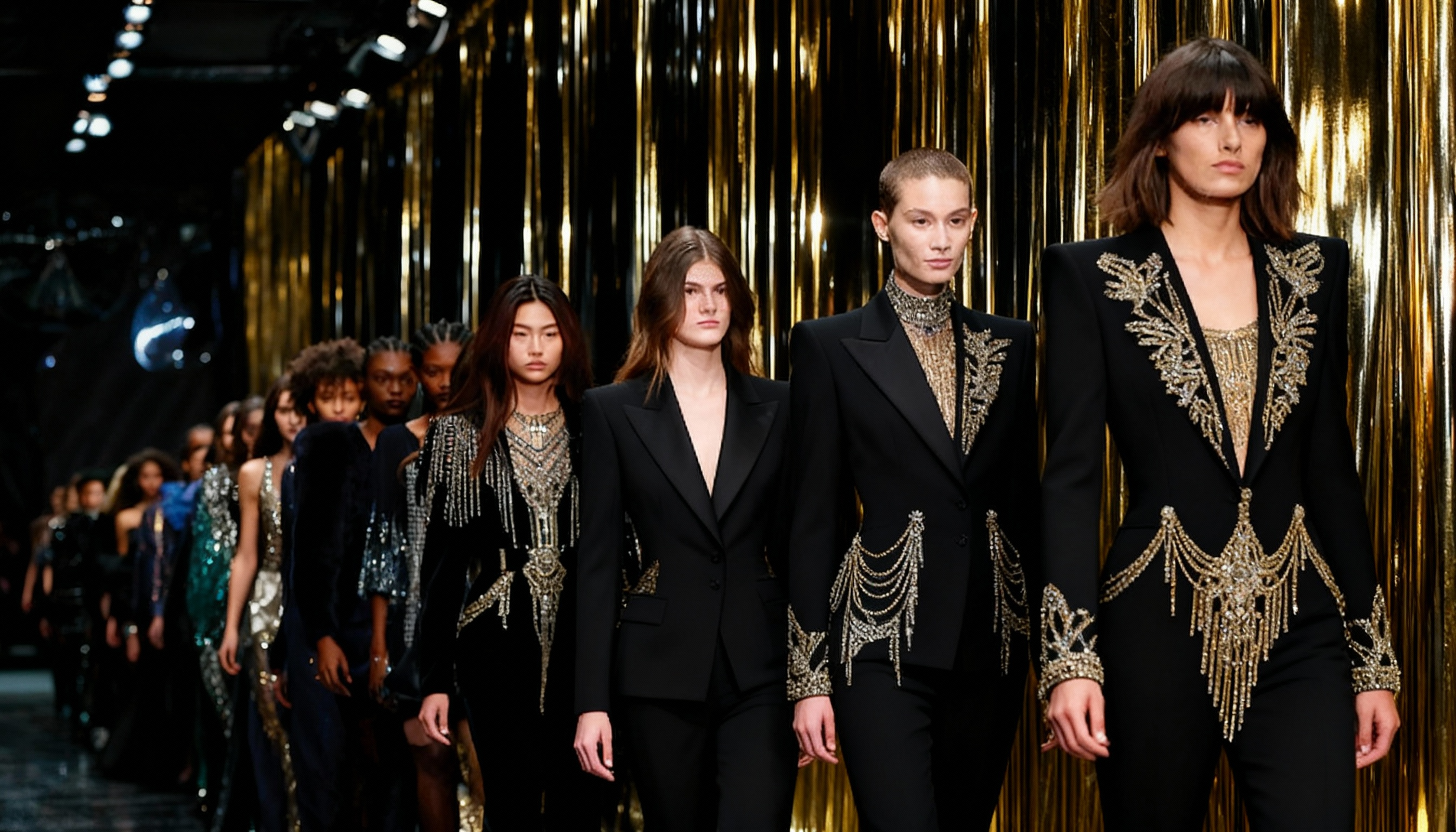 Art Deco luxury runway featuring models in black ensembles with gold embellishments and glamorous styling