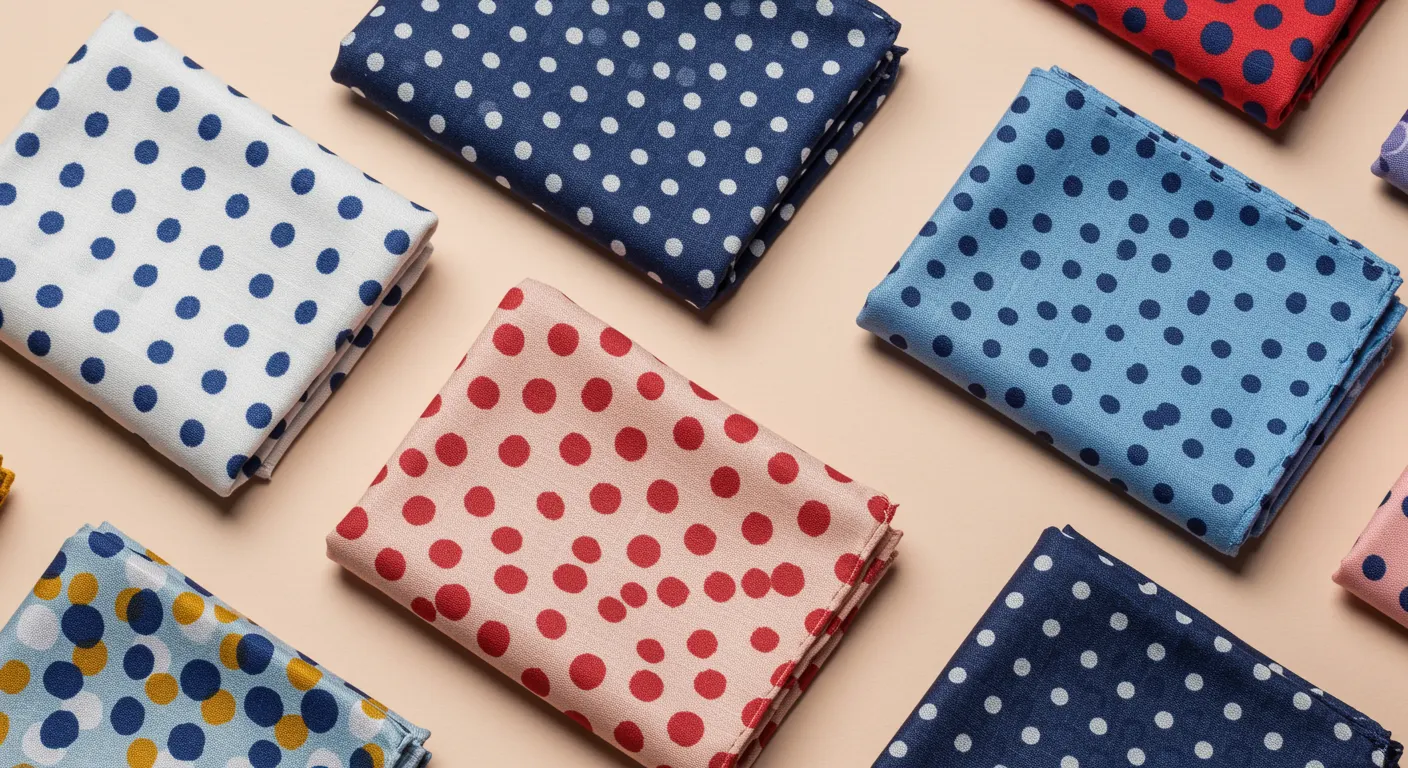 Multiple color polka dotted pocket squares placed against a beige background