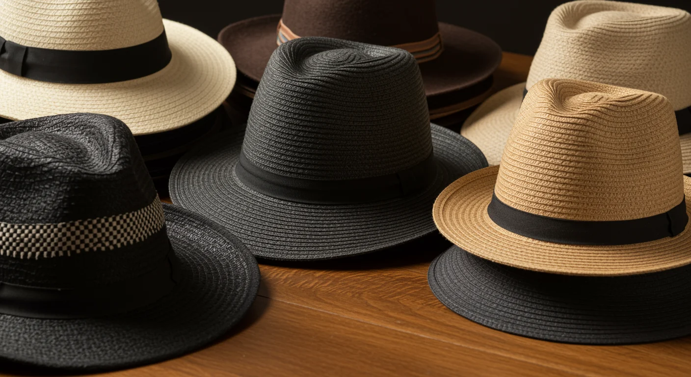 Neatly arranged derby hat, fedoras, and panama hats on a wooden table