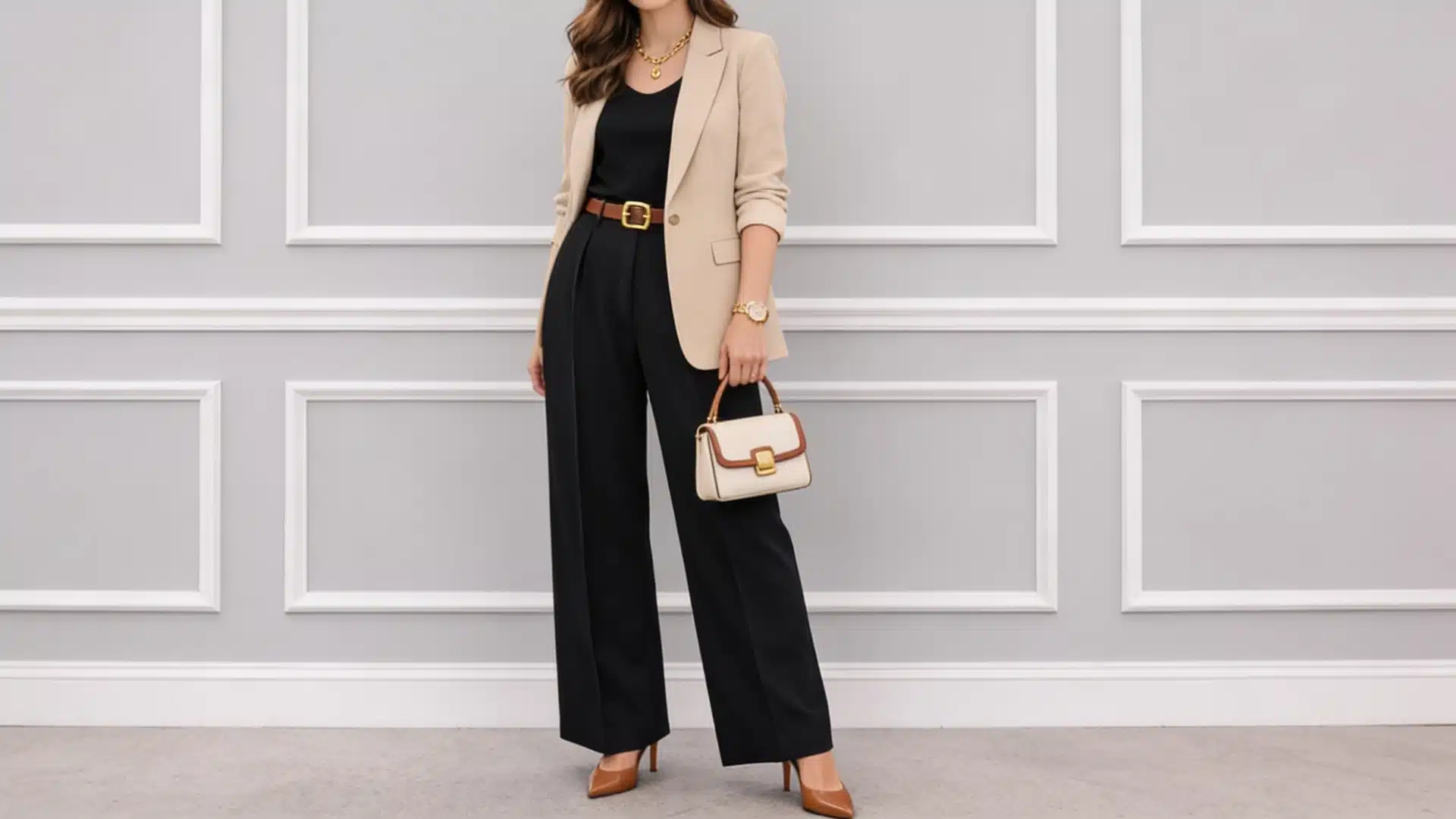 Woman in a beige blazer, black wide-leg trousers, and brown heels posing against a light gray wall with white wainscoting trim while holding a small cream and brown handbag.