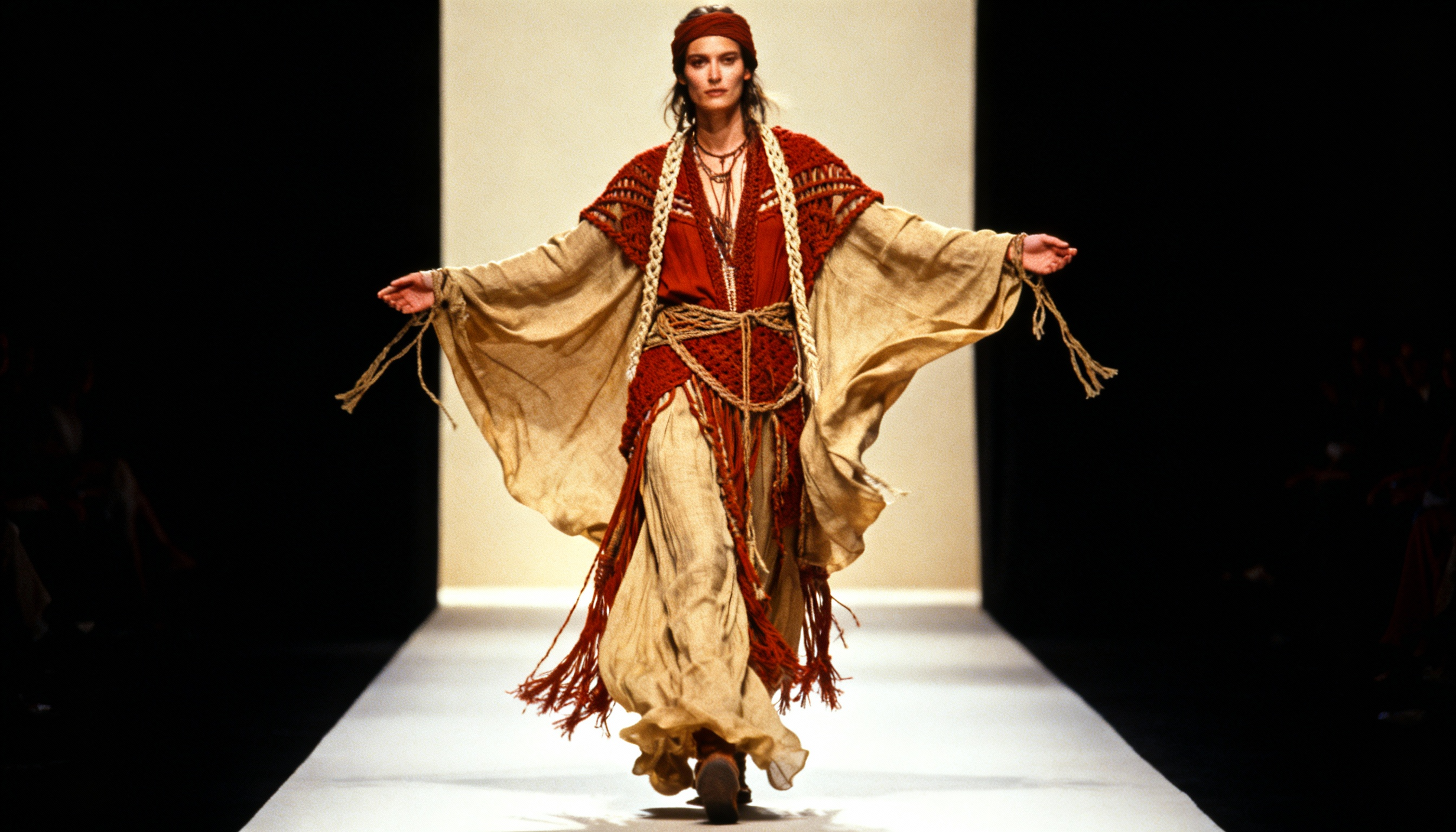 Bohemian runway model in flowing layered outfit with fringe, earthy tones, and handcrafted details