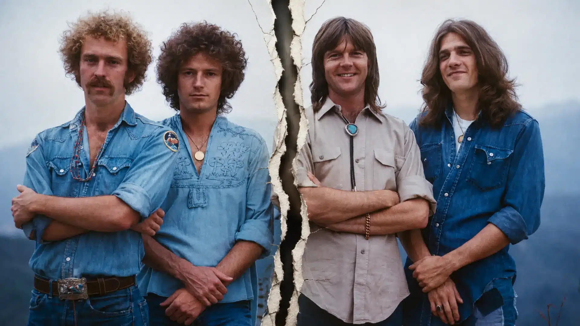 The original members of The Eagle bisected by a jagged rip in the image