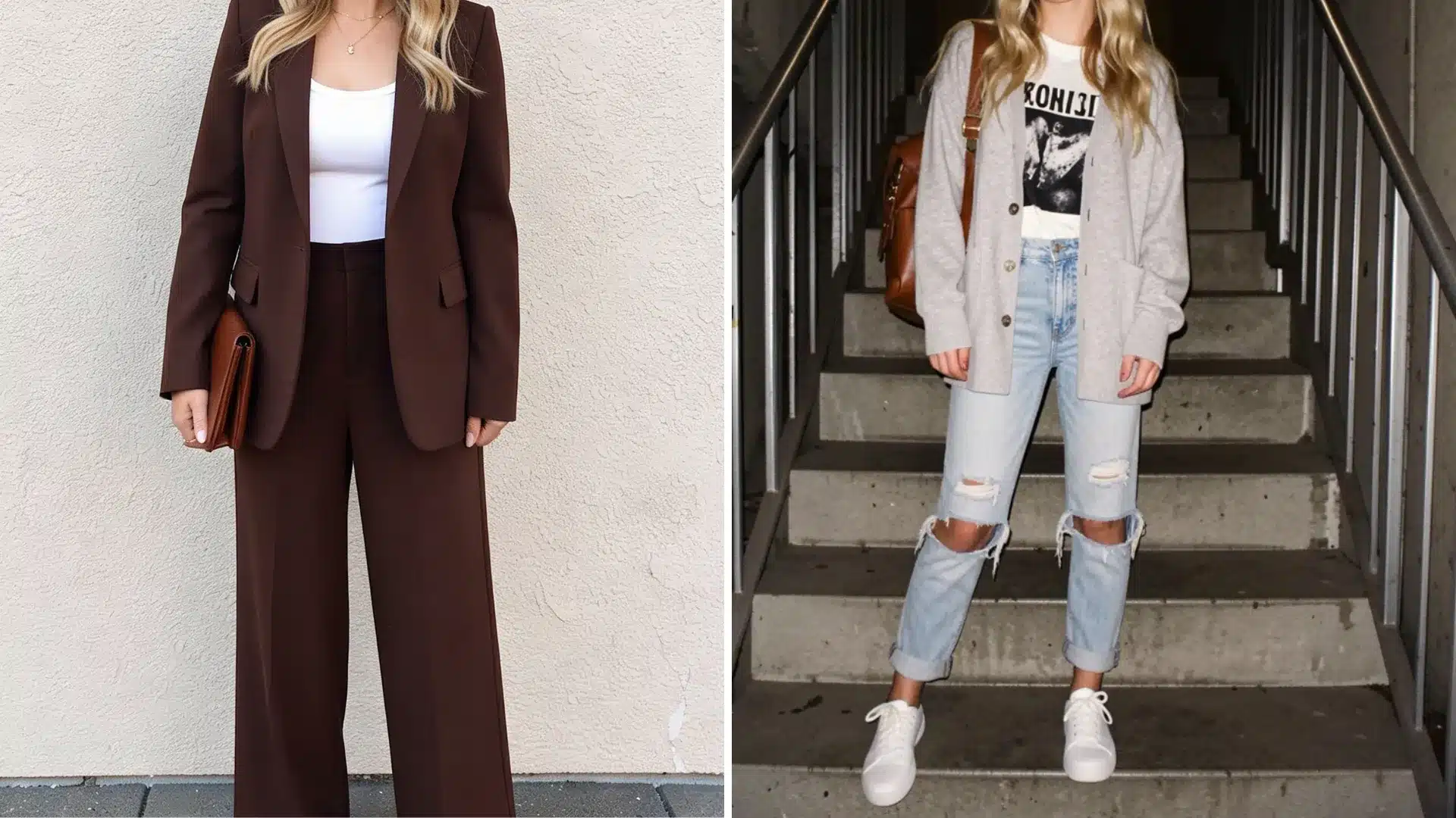 Split image showing a woman in a brown pantsuit on the left and a woman in ripped jeans and a grey cardigan on the right, contrasting professional and casual styles.
