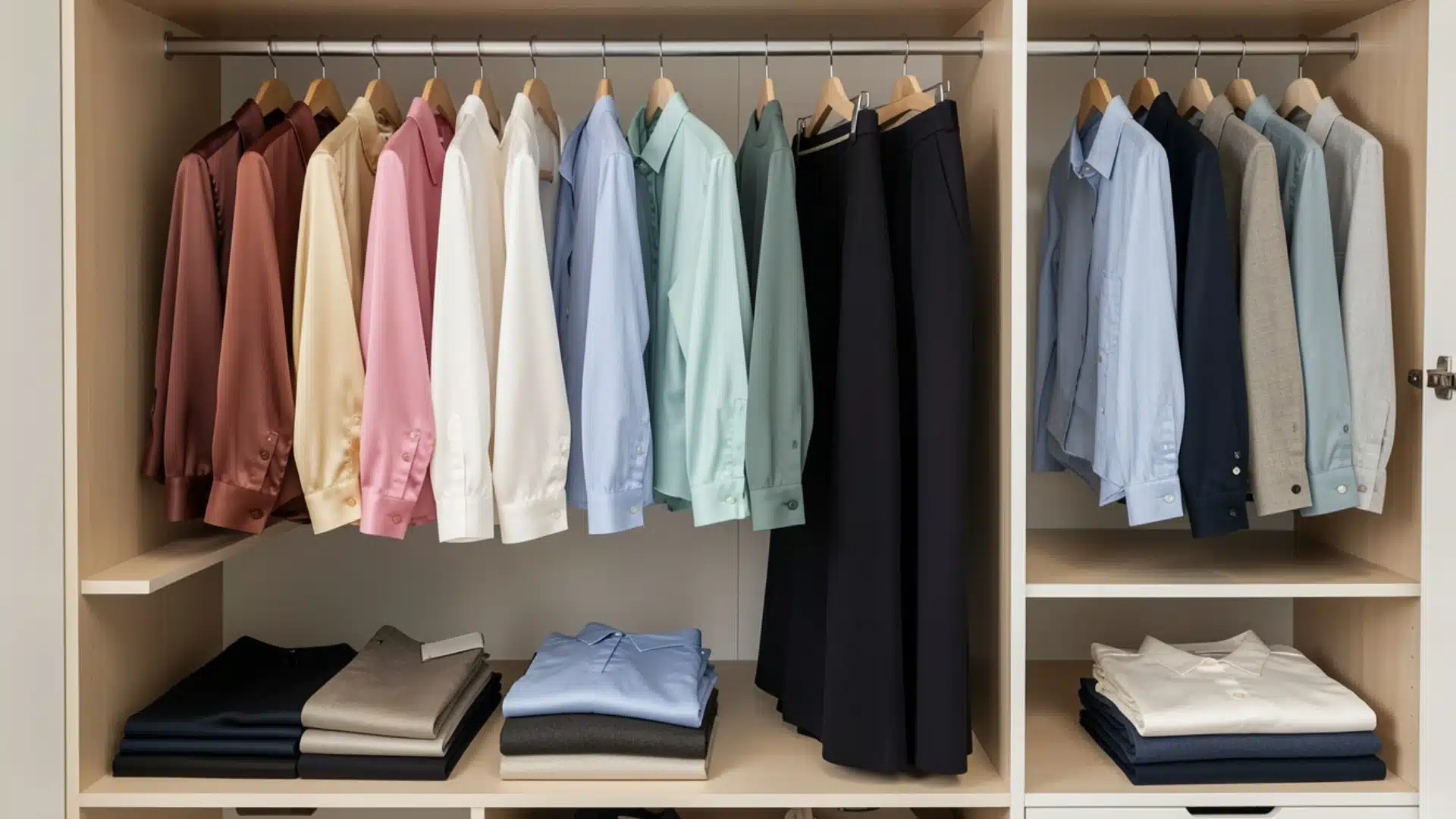 Open wooden closet with organized hanging shirts in various colors and folded trousers and shirts stacked on shelves below.